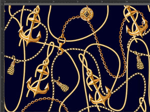Gold anchors on gold chains, with rope twisted inbetween the chains and anchors. Exclusive design for custom fabric pre-order on 22 bases.
