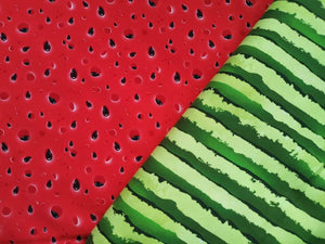 Watermelon seeds and stripes coordinates printed onto cotton lycra 230-250gsm, available to be ordered on 22 bases 