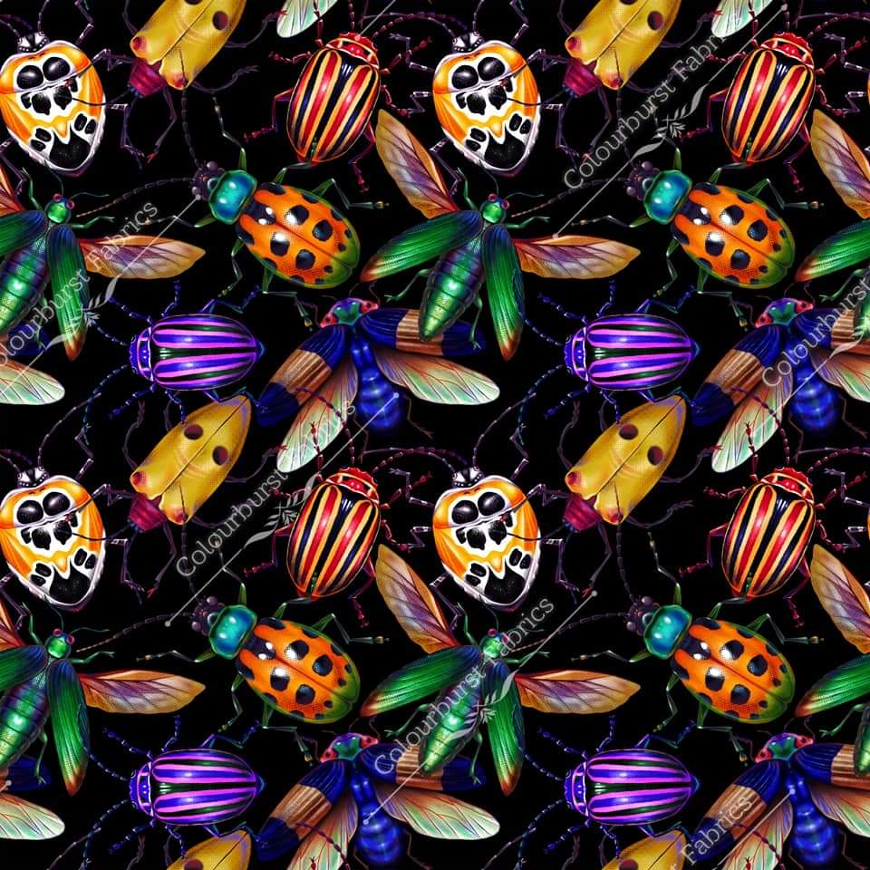 Multi coloured realistic bugs and beetles on a black background. Seamless design for custom fabric printing onto our 22 bases