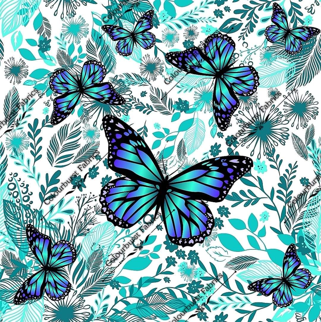 Turquoise realistic beautiful butterflies on a white background. Seamless design for custom fabric printing onto our 22 bases