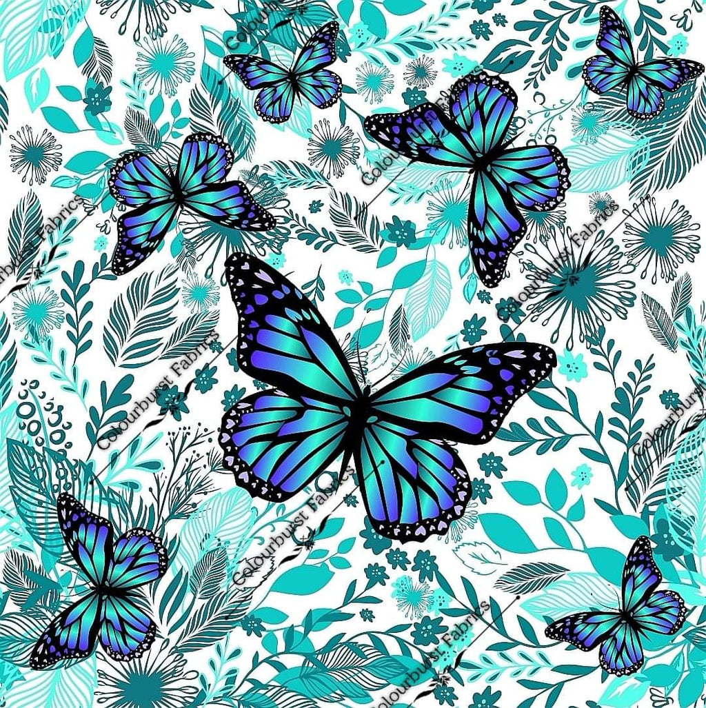 Turquoise realistic beautiful butterflies on a white background. Seamless design for custom fabric printing onto our 22 bases