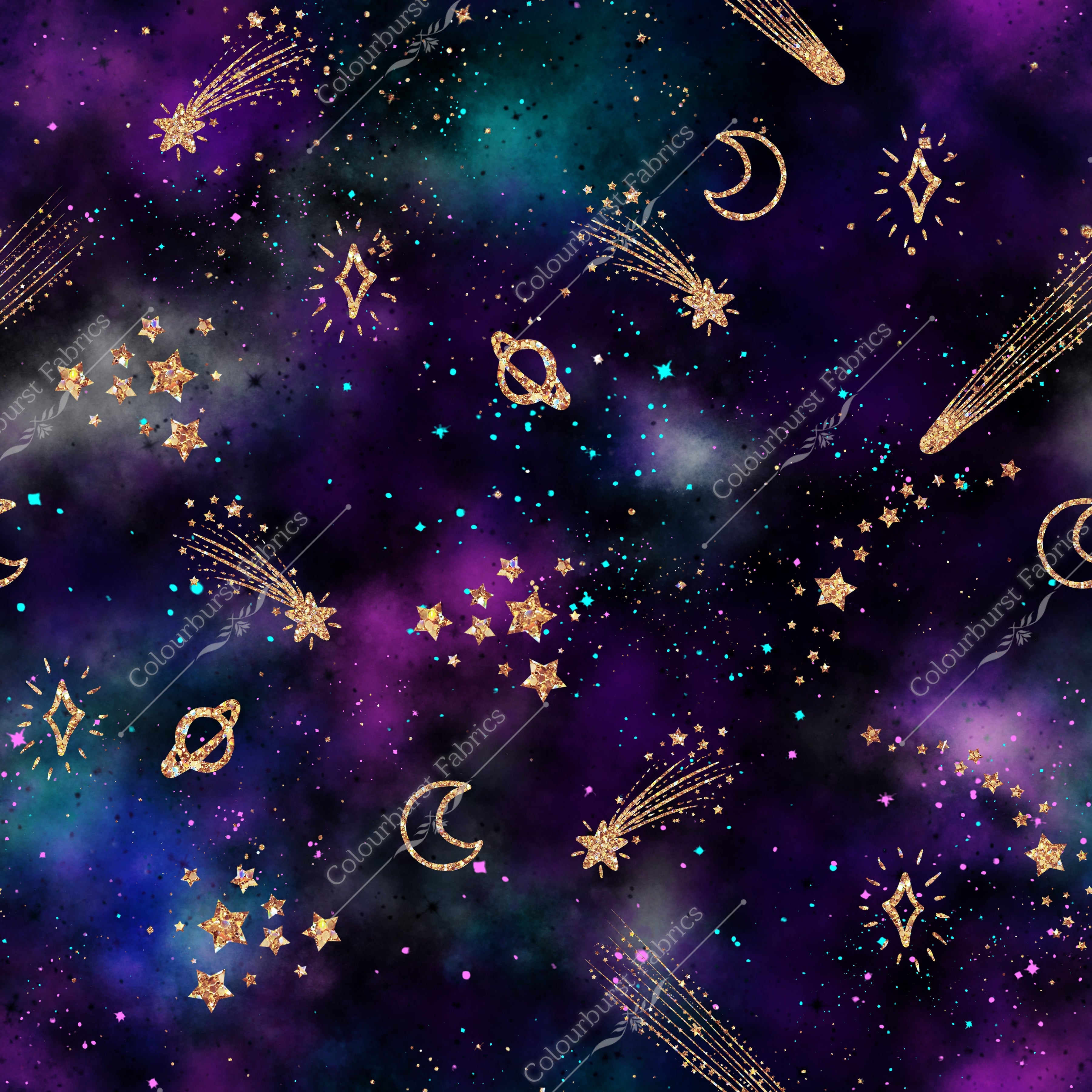 Galaxy nebulae design with faux glitter sparkly planets. Dark purple colours, seamless design for custom fabric printing