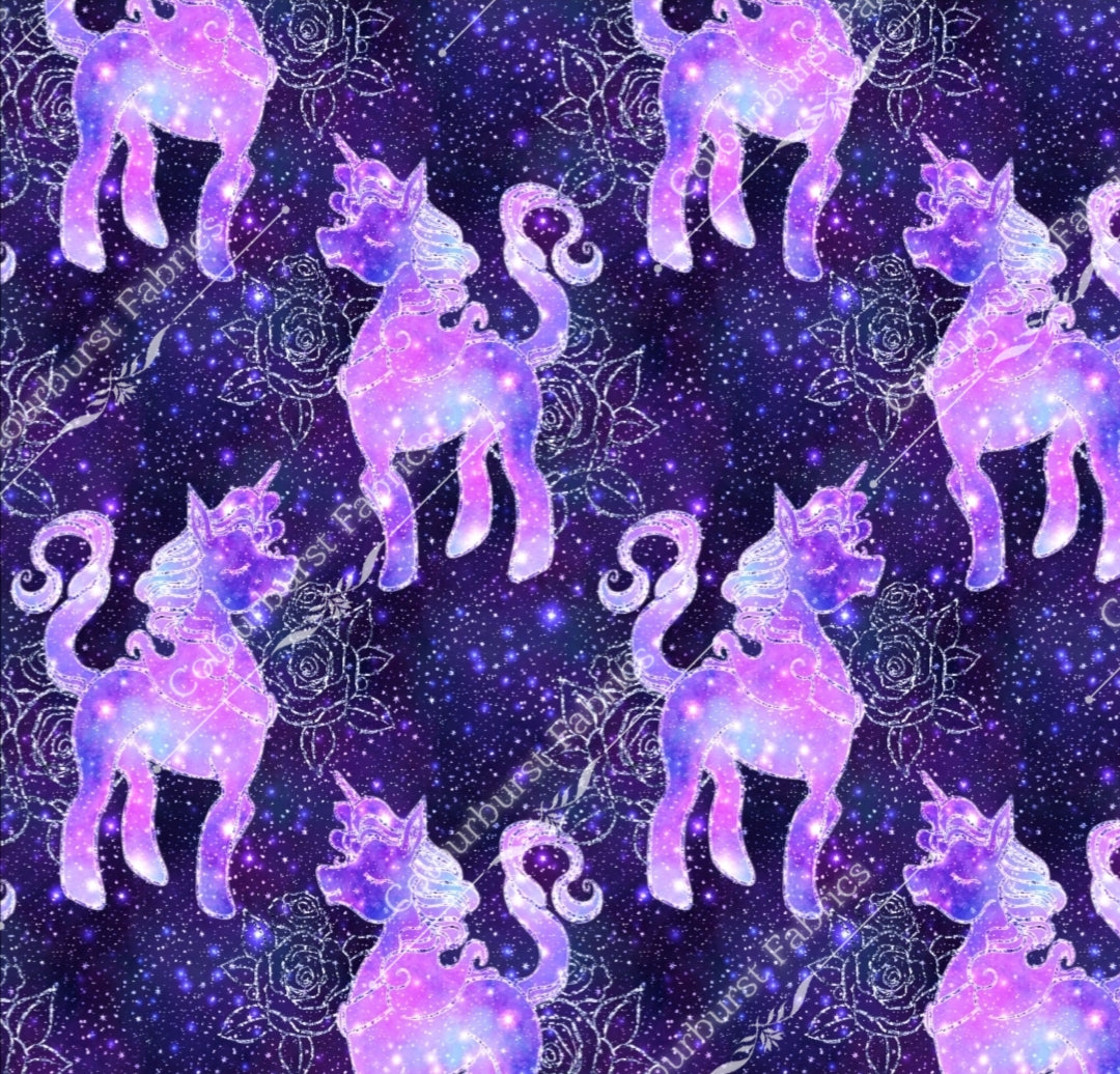Deep purple coloured unicorns with pink and lilac faux glitter and sparkles. Seamless design for custom fabric printing