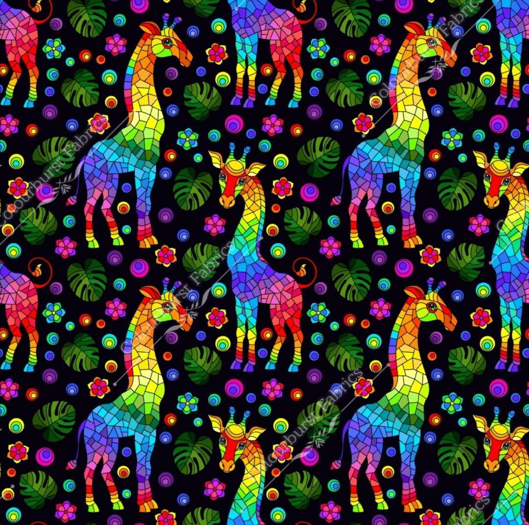 Rainbow giraffes with black background seamless design for custom fabric printing onto our 22 bases