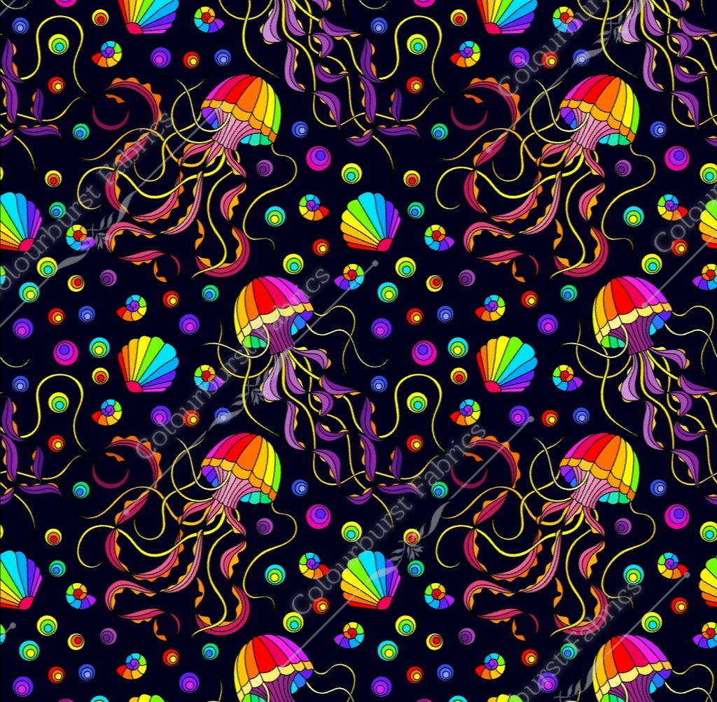 Rainbow jellyfish with black background seamless design for custom fabric printing onto our 22 bases