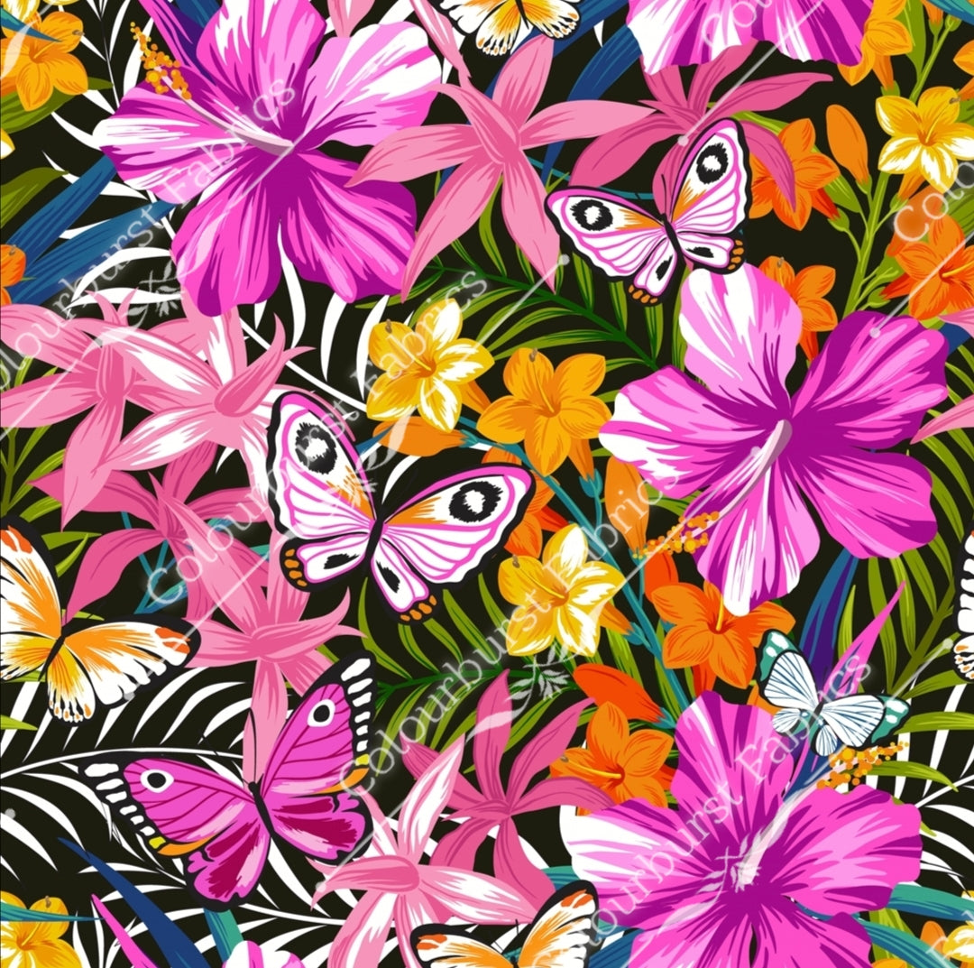Tropical flowers with realistic butterflies. Pink, purples and white in colour. Seamless design for custom fabric printing onto our 22 bases.
