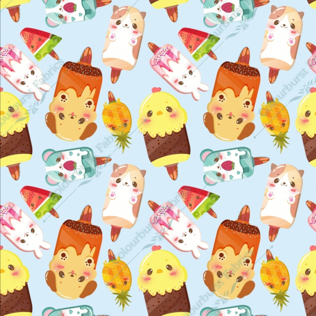 Popsicles with adorable faces - Cat, dog, chicken, rabbit, pinapple, watermelon in pastel shades. Seamless pattern for custom fabric printing onto our 22 bases.