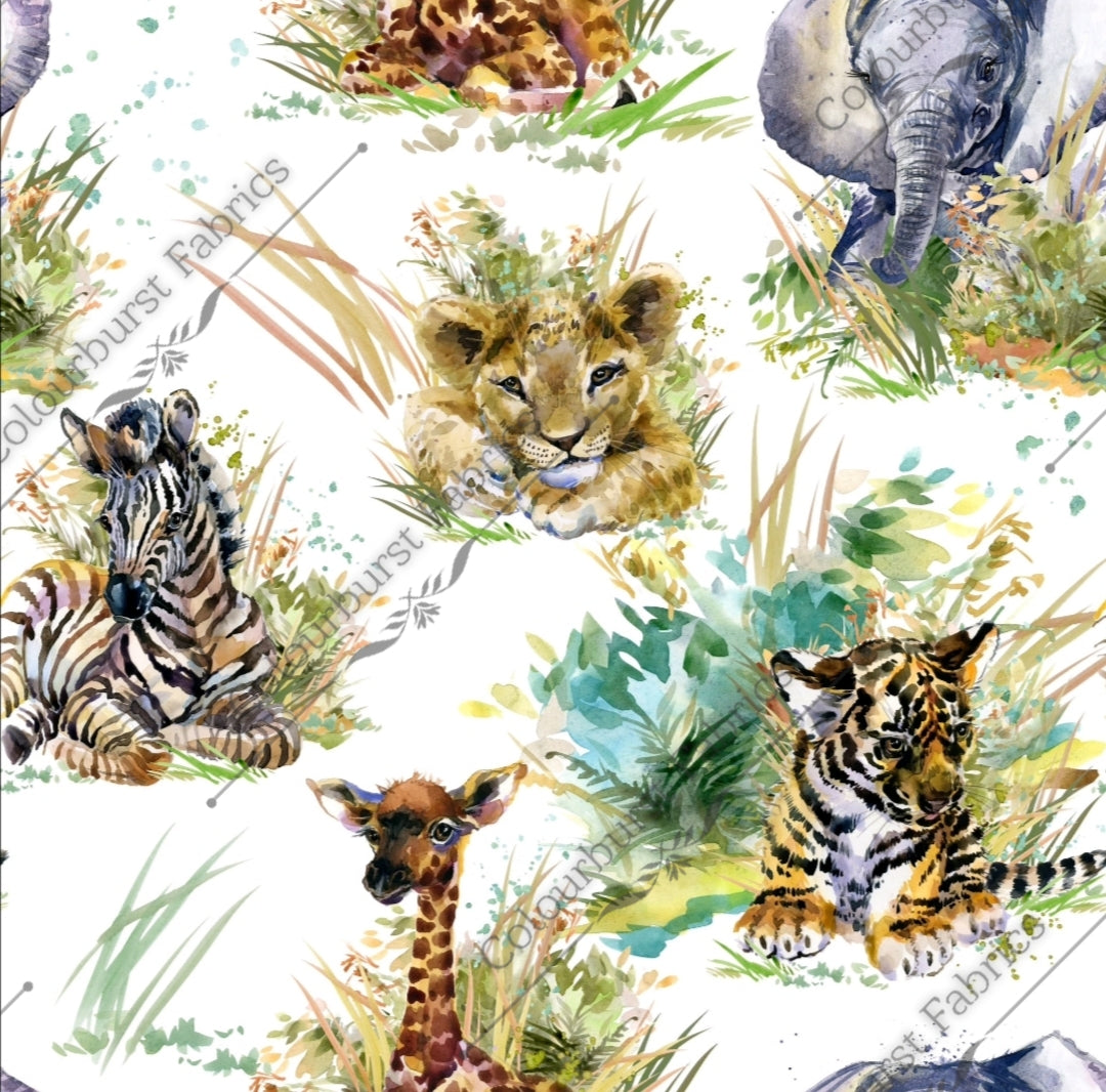 Baby safari animals on a white background. Lions, tigers, zebras, elephants, giraffes. Seamless design for custom fabric printing onto our 22 bases.