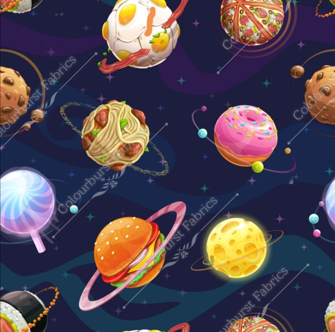 Food planets in space navy background. Burger, spaghetti, donut, cheese and more. Seamless design for custom fabric printing onto our 22 bases. 