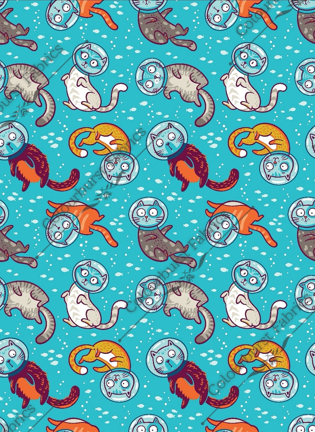 Underwater swimming cats with fish bowls on their heads. Little fish swim around them. Seamless design for custom fabric printing onto our 22 bases.