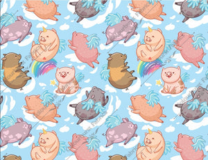 Plump little baby pigs with adorable characters, unicorn, angel and more. Floating in the sky, swimming through clouds. Seamless design for custom fabric printing onto our 22 bases