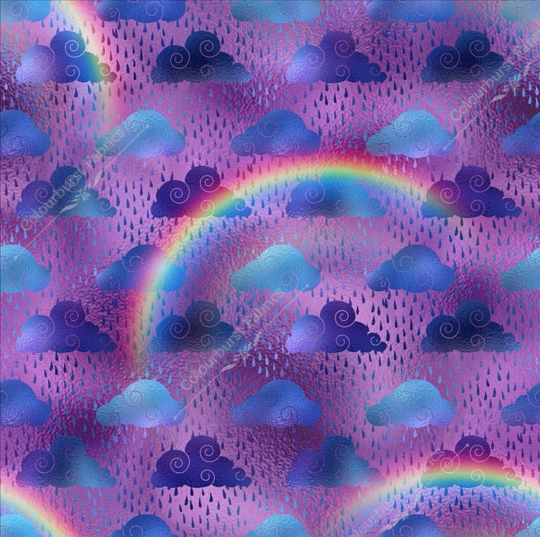 Purple metallic sheen design with rain drops and large colourful rainbows. Seamless design for custom fabric printing onto our 22 bases