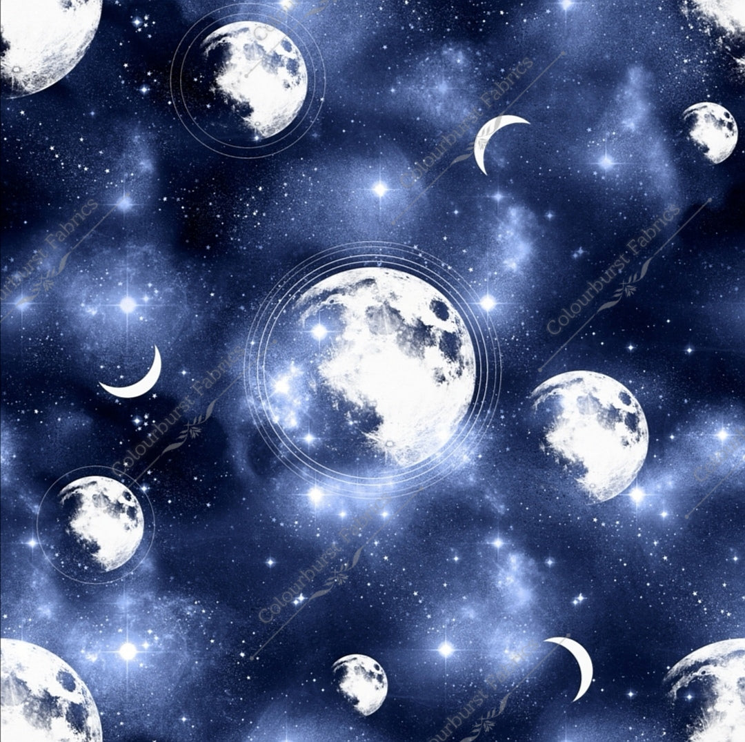 Blue star studded sky with stunning moons and crescents. Seamless design for custom fabric printing onto our 22 bases