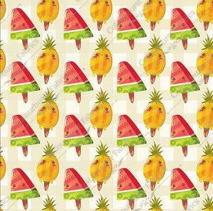 Watermelon and pinapple popsicles with adorable faces on a neutral coloured checkered background. Seamless design for custom fabric printing onto our 22 bases.