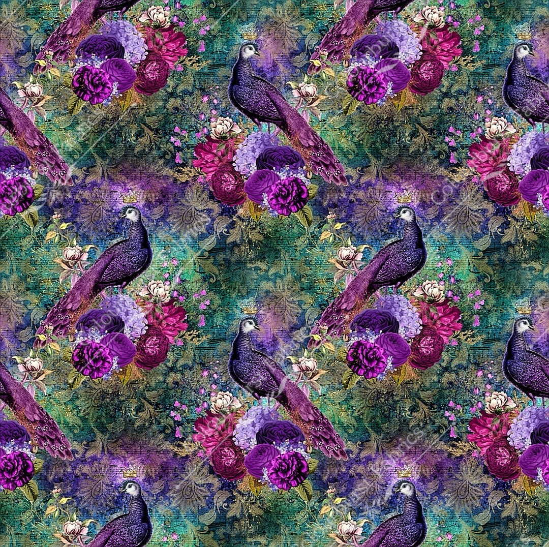 Peacocks in berry tones with floral background seamless design for custom fabric printing onto our 22 bases