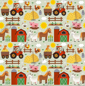 Farmyard scene with mint green background. Farmer, tractor, barn, hay stack, pigs, cats, horses, goats, chickens, rooster, corn, vegetables. Seamless design for custom fabric printing onto our 22 bases