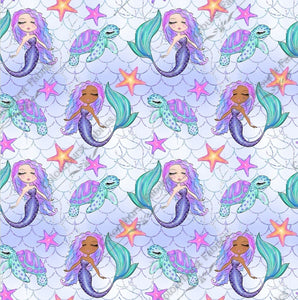 Purple and green mermaids with flowing purple hair and adorable big sea turtles. Silver faux glitter scales on lilac background. Seamless design for custom fabric printing onto our 22 bases