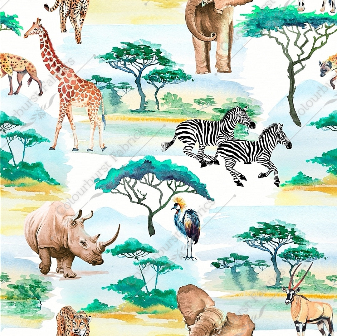 Safari animals in savannah background, elephant, zebra, obstrich, moose, leopard, giraffe, rhino, hyena and more. Seamless design for custom fabric printing onto our 22 bases