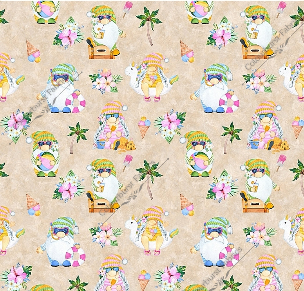 Summer gnomes, sipping cocktails, playing with beach balls, sunbathing, snorkeling and lots more. On a sand coloured background. Seamless design for custom fabric printing onto our 22 bases.