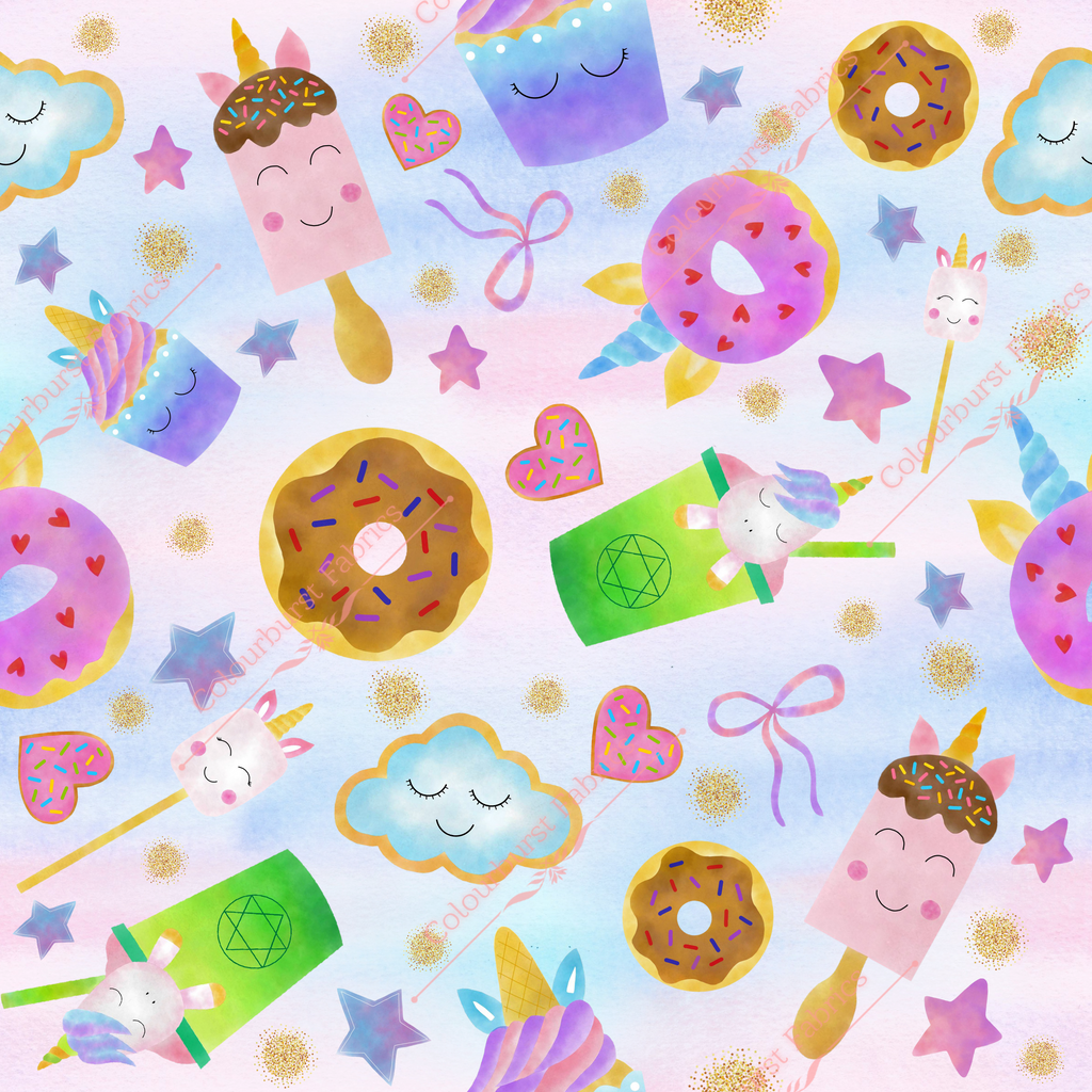 Unicorn snacks and treats on a pastel blended background. Seamless design for custom fabric printing onto our 22 bases 