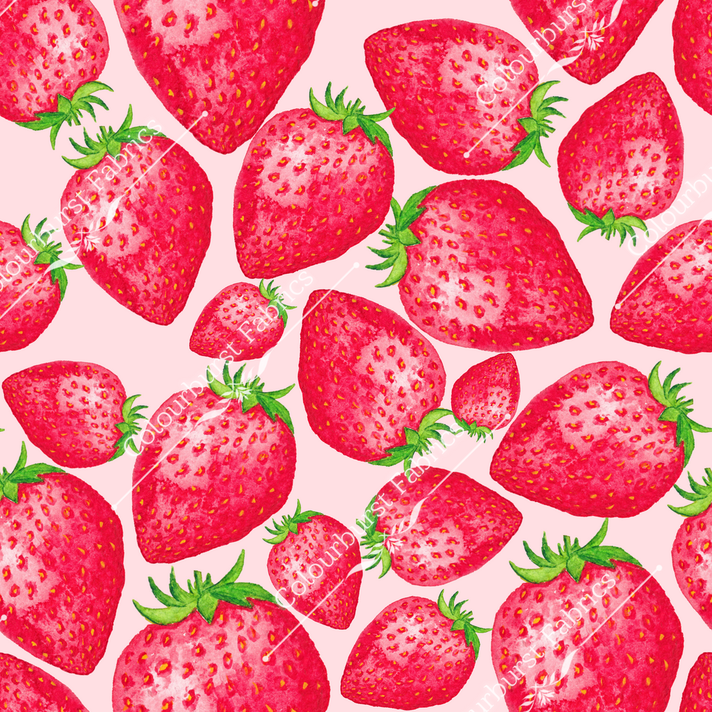 Hand drawn strawberries on pale pink background. Seamless design for custom fabric printing onto our 22 bases.