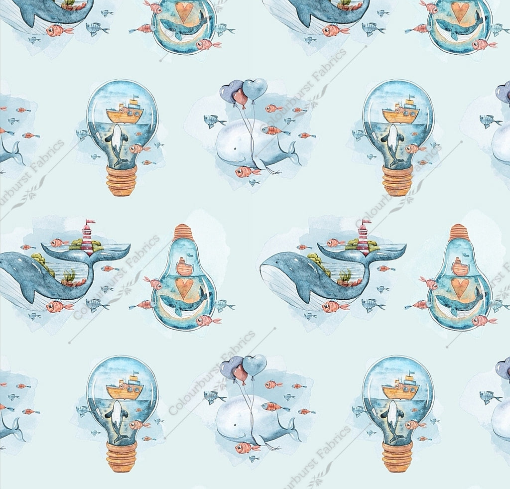 Whales in underwater adventure, one in lightbulb creating ship scene, one with lighthouse and one floating by balloons. Seamless design for custom fabric printing onto our 22 bases.