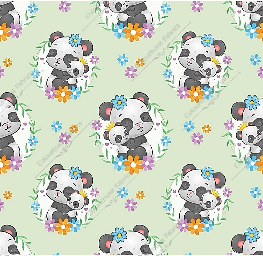 Mummy & Baby Panda hugging with flower hair bows and delicate flowers dotted about on a sea green solid background. Seamless design for custom fabric printing onto our 22 bases.