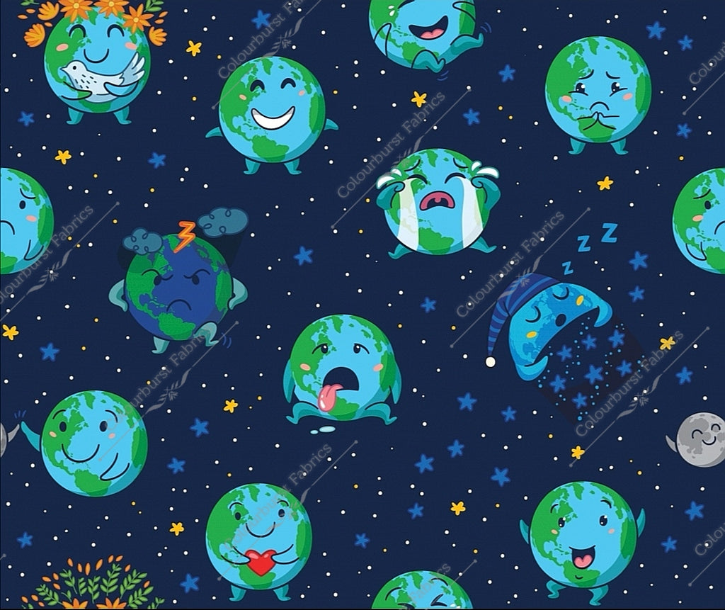 Happy planets with adorable characters, happy, cuddling etc on a navy blue star studded background. Seamless design for custom fabric printing onto our 22 bases.