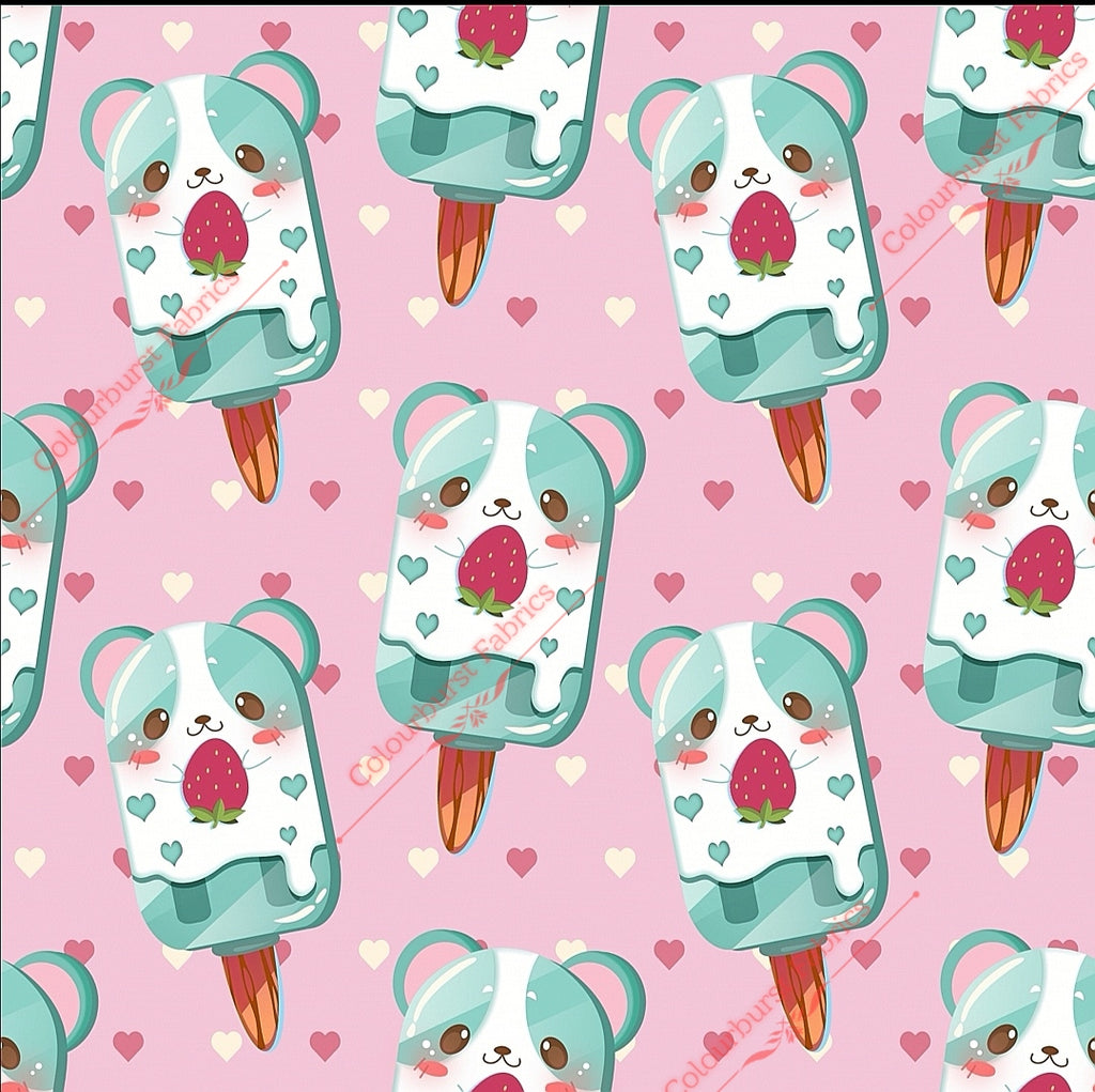 Blue and white adorable cute puppy popsicles on pink background with dotted hearts. Seamless design for custom fabric printing onto our 22 bases.