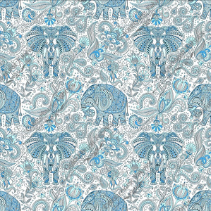 Mehndi elephants in delicate light blue detail on white background. Seamless design for custom fabric printing onto our 22 bases