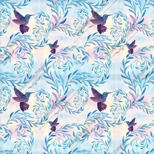 Humming birds with vines on a white, blue and pink blurred background. Seamless design for custom fabric printing onto our 22 bases.