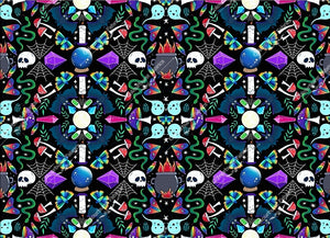 Black halloween kaleidoscope exclusive design with cute bats, ghosts, cauldrons, snakes, crystals, candles, mushrooms and lots more. Seamless design for custom fabric printing onto our 22 bases