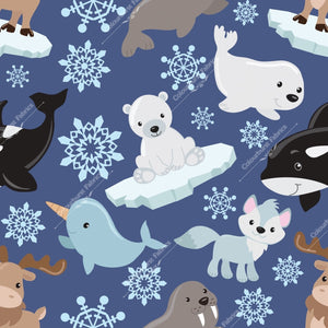 Adorable winter animals, whales, wolves, seals, polar bear, narwhal, reindeer with ice bergs and snowflakes. Seamless design for custom fabric printing onto our 22 bases.