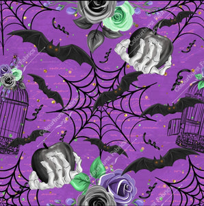 Halloween scene with spiderwebs, skeleton hand holding a black apple, bats, black bird cage with roses seamless design on a purple background. For printing onto our 22 bases.