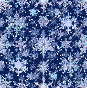 Holographic snowflakes, varying sizes, on a dark navy background. Seamless design for custom fabric printing onto our 22 bases