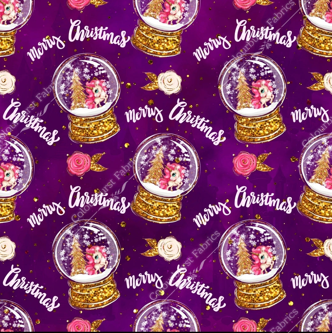 Christmas snow globe with sparkly unicorns inside on a purple festive background. Seamless design for custom fabric printing onto our 22 bases