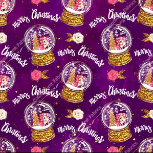 Christmas snow globe with sparkly unicorns inside on a purple festive background. Seamless design for custom fabric printing onto our 22 bases