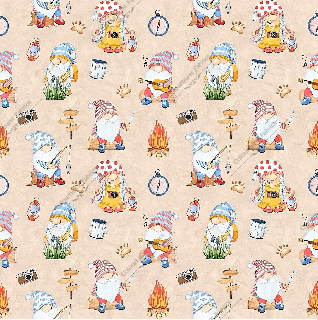 Funny gnomes camping, fishing, roasting marshmallows, campfire and more. Seamless design for custom fabric printing onto our 22 bases