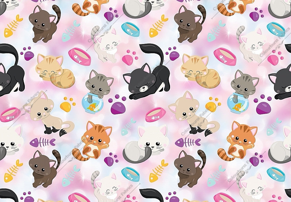 Cute adorable kittens with paw prints, fish bowls, bones and hearts on a smoky pale pink background. Seamless design for custom fabric printing onto our 22 bases