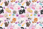 Load image into Gallery viewer, Cute adorable kittens with paw prints, fish bowls, bones and hearts on a smoky pale pink background. Seamless design for custom fabric printing onto our 22 bases
