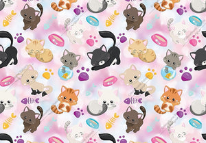 Cute adorable kittens with paw prints, fish bowls, bones and hearts on a smoky pale pink background. Seamless design for custom fabric printing onto our 22 bases