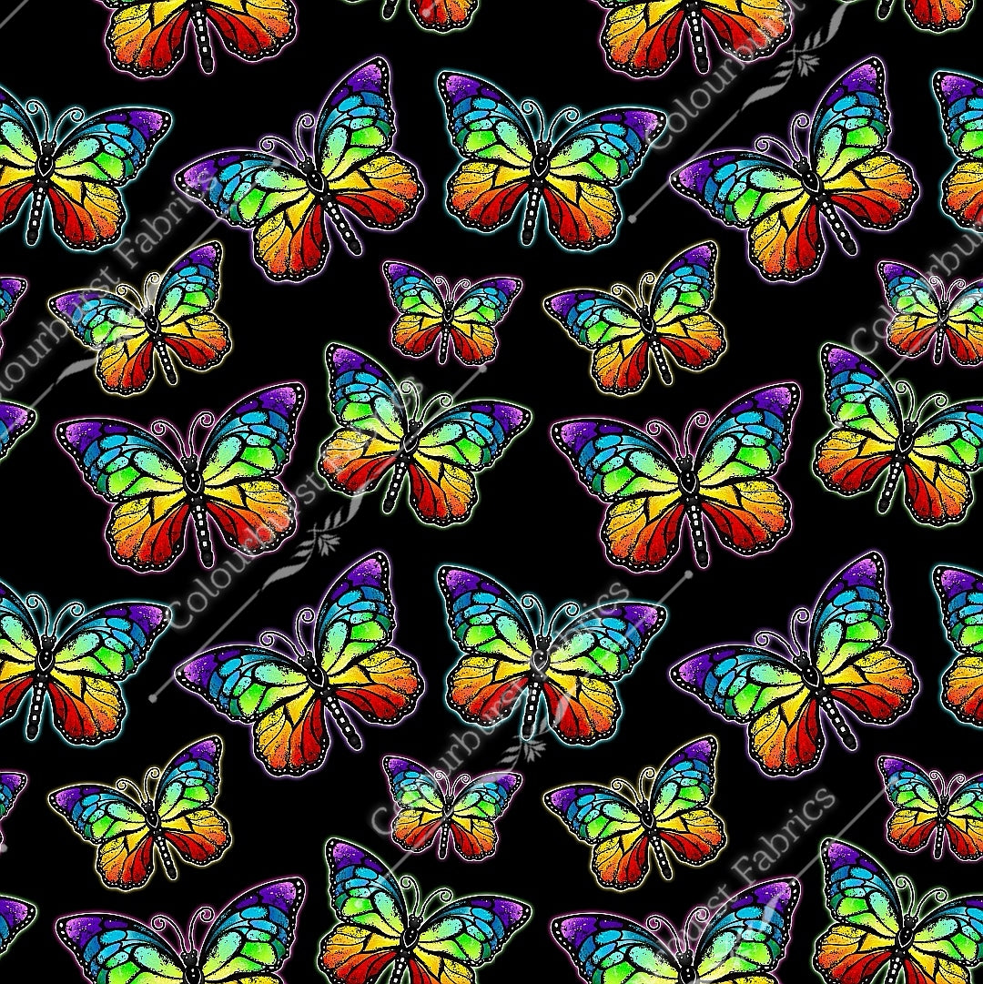 Neon coloured rainbow butterflies on a solid black background. Seamless design for custom fabric printing onto our 22 bases 