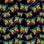 Load image into Gallery viewer, Neon coloured rainbow butterflies on a solid black background. Seamless design for custom fabric printing onto our 22 bases 
