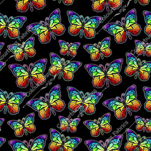 Neon coloured rainbow butterflies on a solid black background. Seamless design for custom fabric printing onto our 22 bases 
