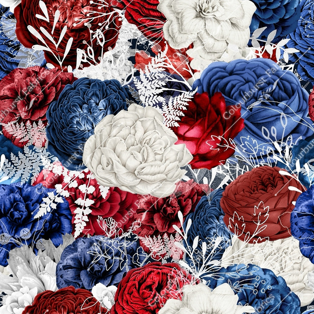 Red, Blue & White flowers. Roses and more floral. Seamless designs for custom fabric printing onto our 22 bases.