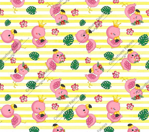 Adorable baby pink flamingos with crowns and flowers on a yellow and white striped background. Seamless design for custom fabric printing onto our 22 bases