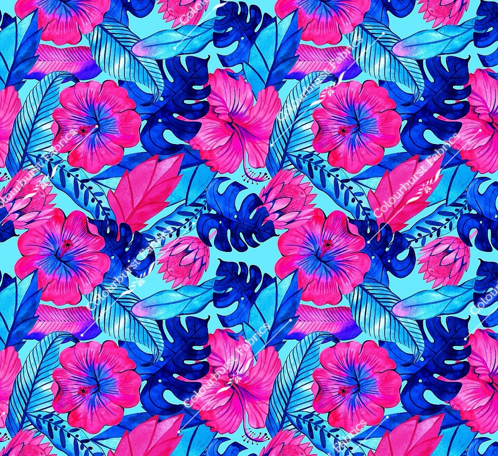 Bright neon tropical floral in deep pink on a bright blue background. Seamless design for custom fabric printing onto our 22 bases