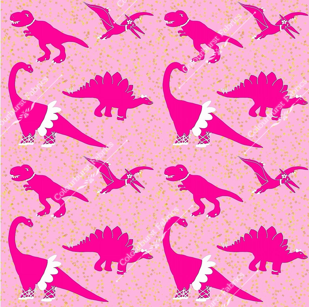 Dark pink ballet dancing dinosaurs with baby pink background and faux gold glitter. Seamless design for custom fabric printing onto our 22 bases