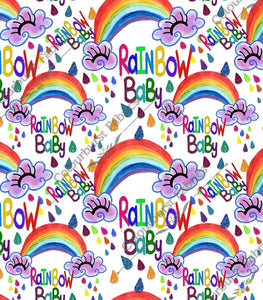 "Rainbow baby" design with rainbows and raindrops on a white background. Seamless design for custom fabric printing onto our 22 bases