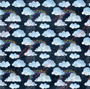 Sparkly rainbow over sparkly fluffy clouds with raindrops. On a smokey navy effect background. Seamless design for custom fabric printing onto our 22 bases